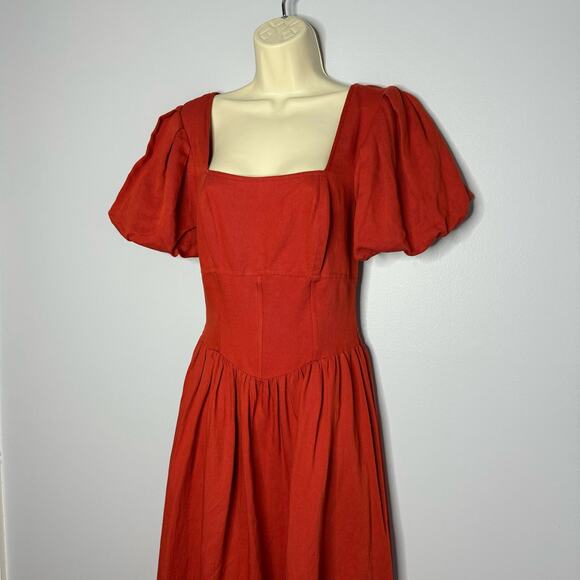 Anthropologie Currect Air Square-Neck Puff-Sleeved Midi Dress Linen Blend Sz XS - Picture 9 of 15